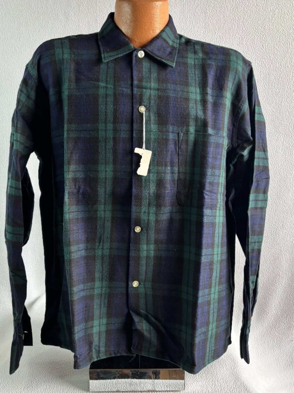 Vintage 1960s Blue Green Plaid Cotton Flannel Long Sleeve Shirt NOS